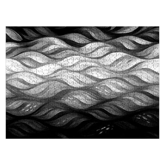 500 piece wooden jigsaw puzzle in black and white showing high-contrast wave patterns