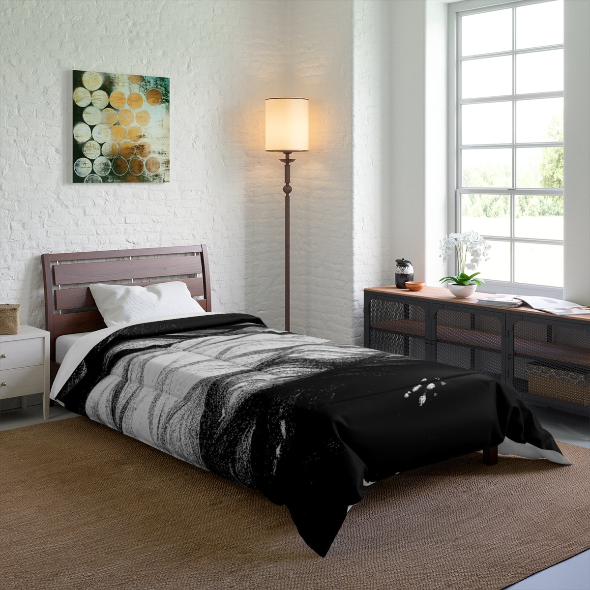 Modern bedroom mockup featuring a black and white comforter with stark contrast on an extended single bed. Size: 68" × 92"