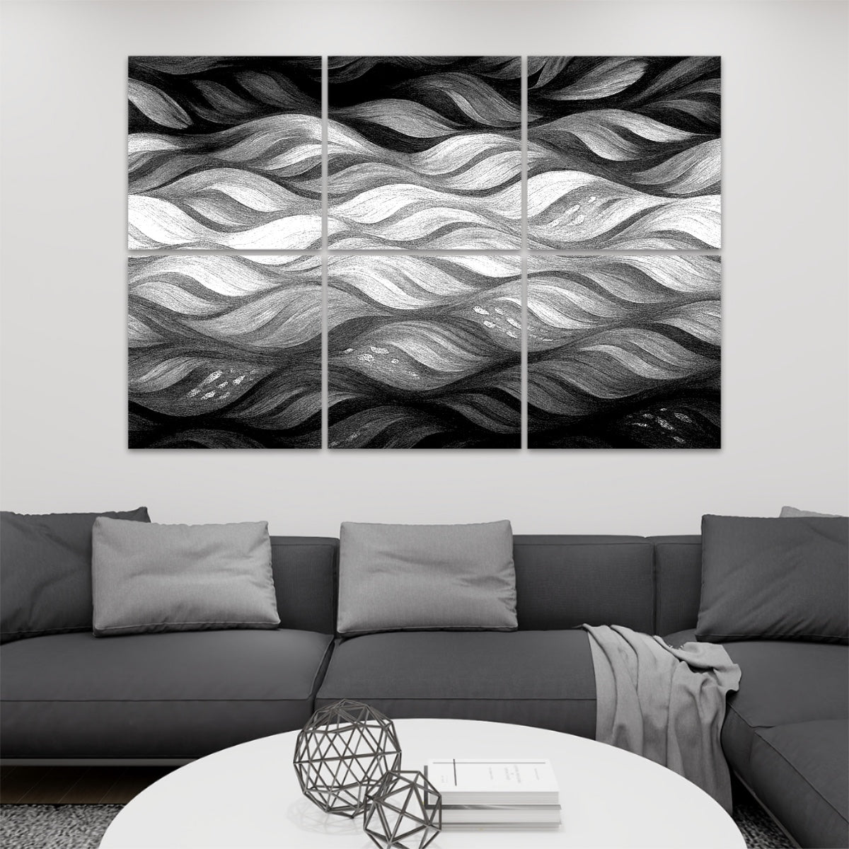Black and white version of Gilded Amethyst Currents showing dynamic contrast on 6 acoustic panels