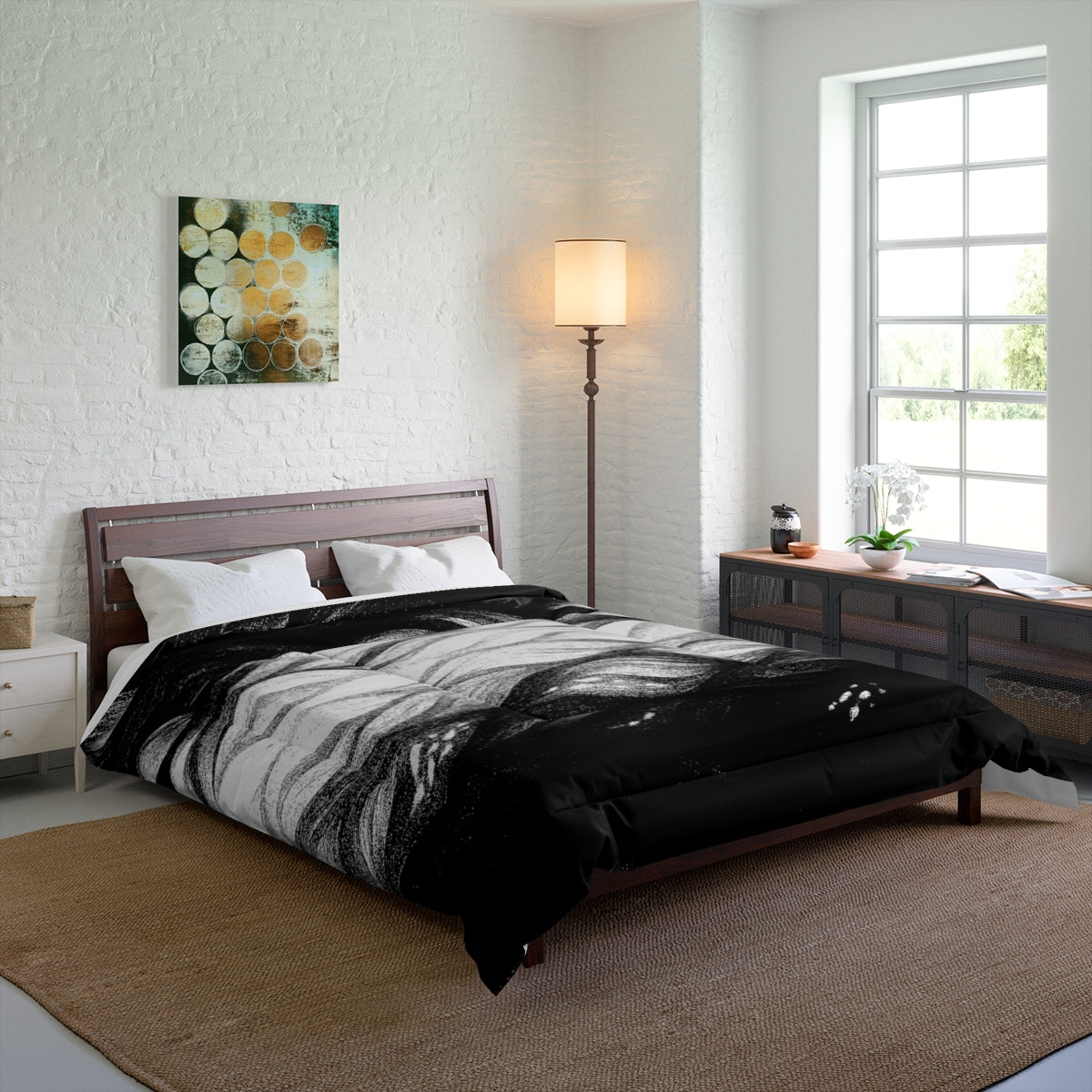 Queen bed mockup styled with the black and white variant for a clean, modern visual. Size: 88" × 88"