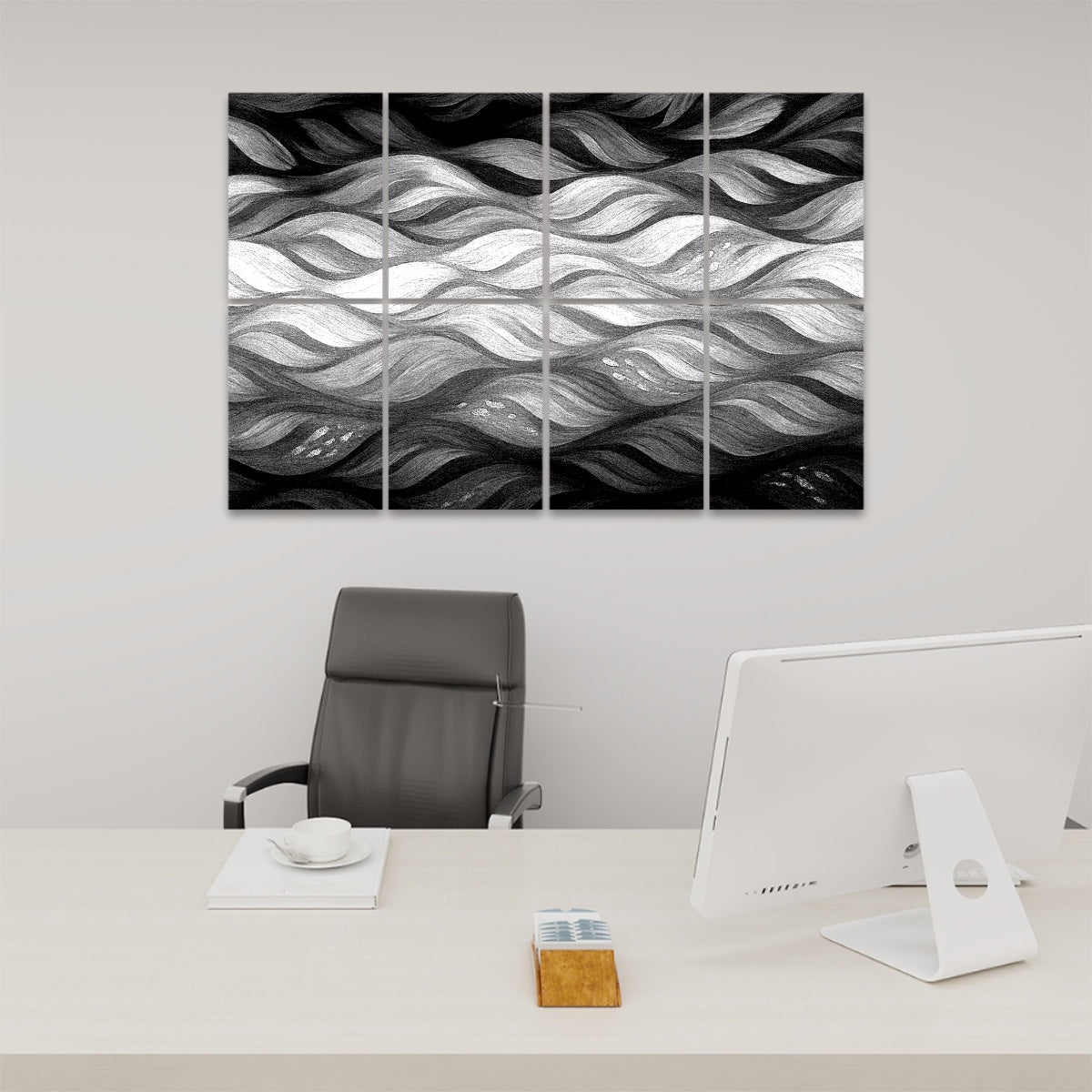 Stark ebony and ivory contours carve the wave pattern into bold, graphic relief, lending the installation a sleek, minimalist edge