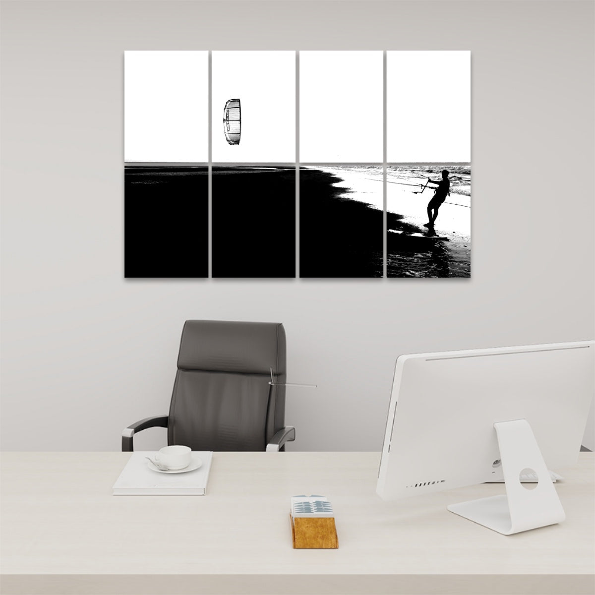 Black and white version of a kitesurfer at sunset, with strong contrast between sky, ocean, and sand across 8 sound absorbing panels.