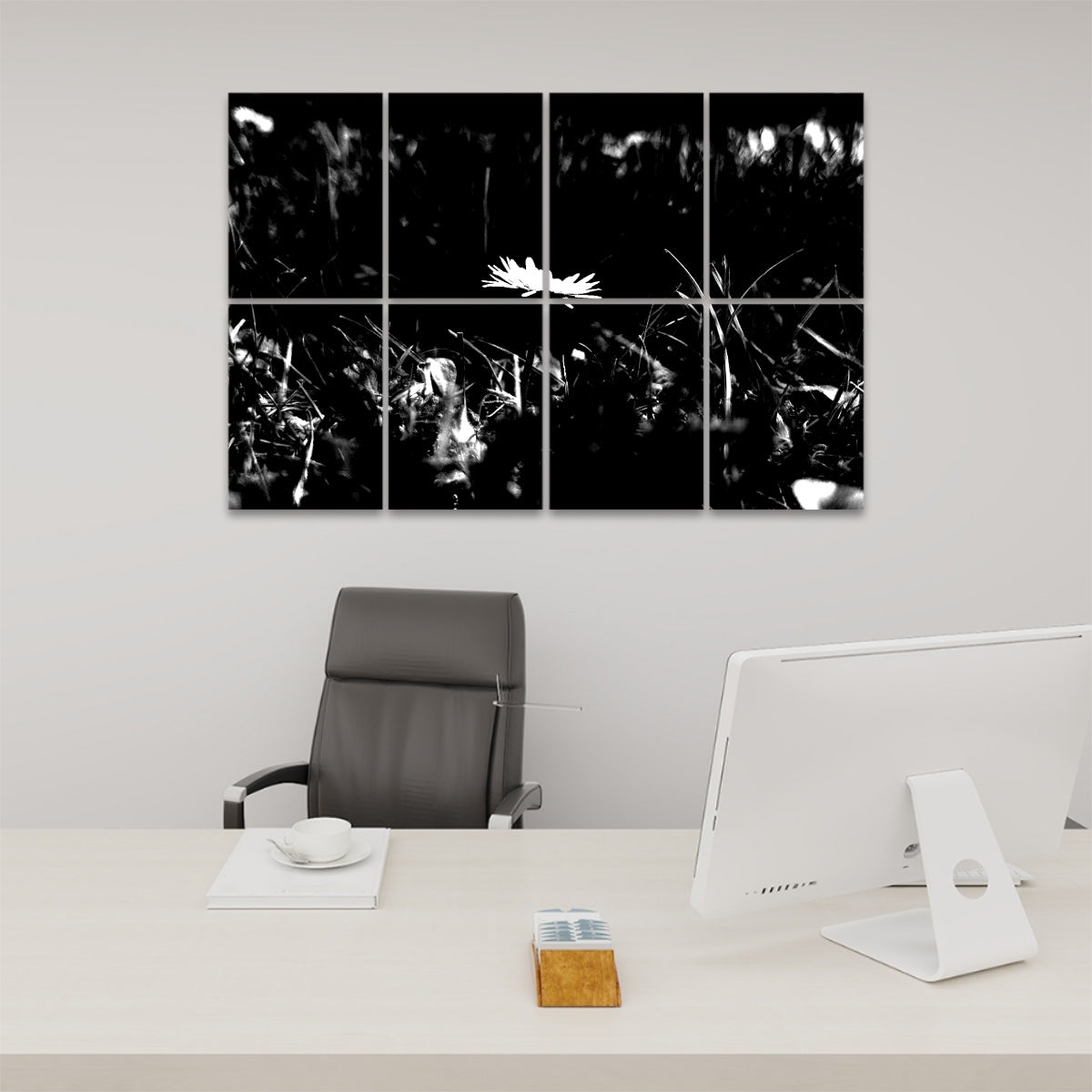 High contrast black and white floral wall art with a single daisy in shaded field, arranged over 8 sound absorbing panels.