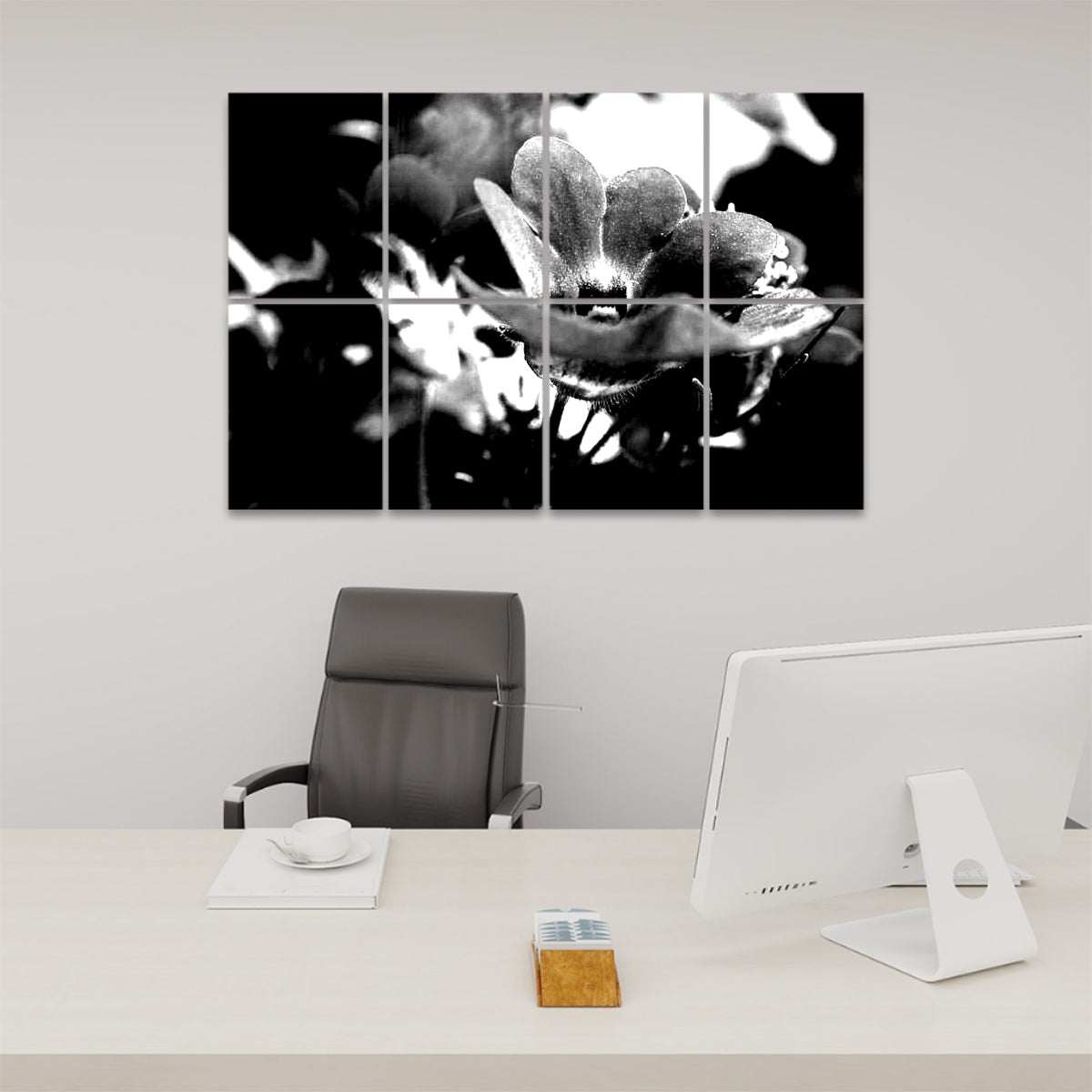 Left-angle view of black and white Red Nemesia floral wall panels with sharp contrast and monochrome detail.