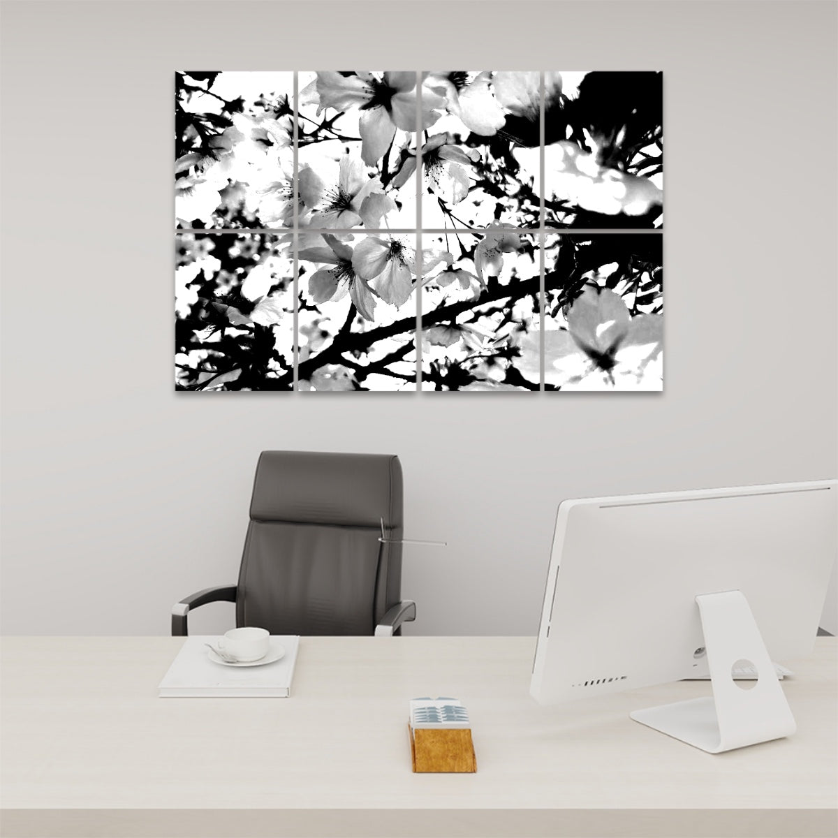 Black and white version of spring blossoms with bold contrast and sculptural lighting, split over 8 decorative sound absorbing panels.
