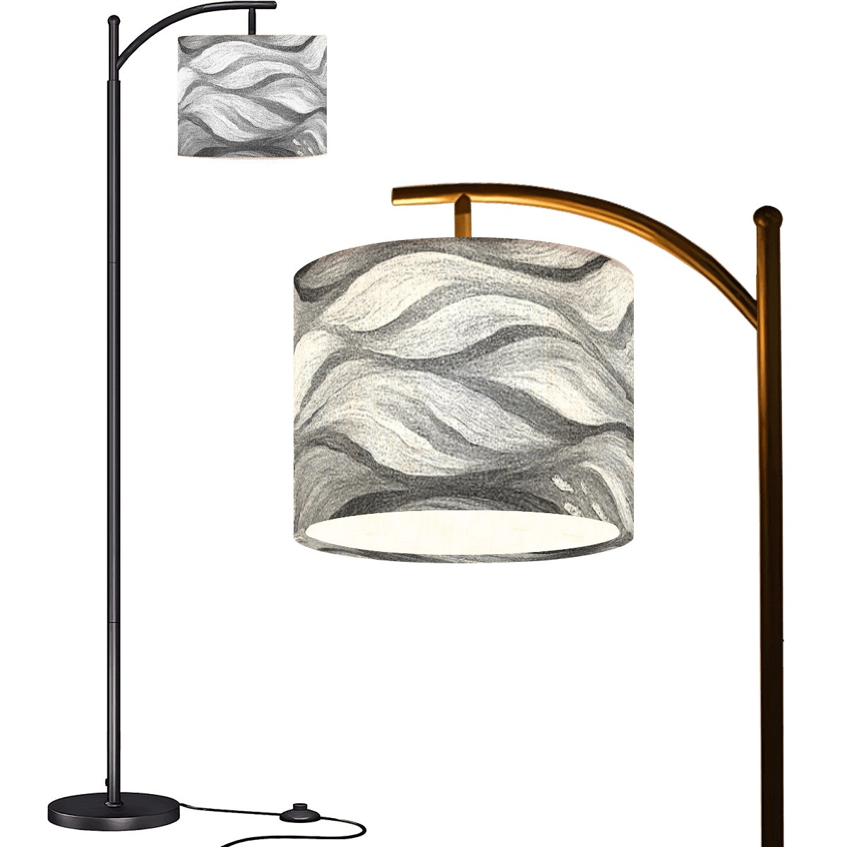 Arc floor lamp with black base and gold arm; linen shade in stark black-and-white high-contrast wave motif.
