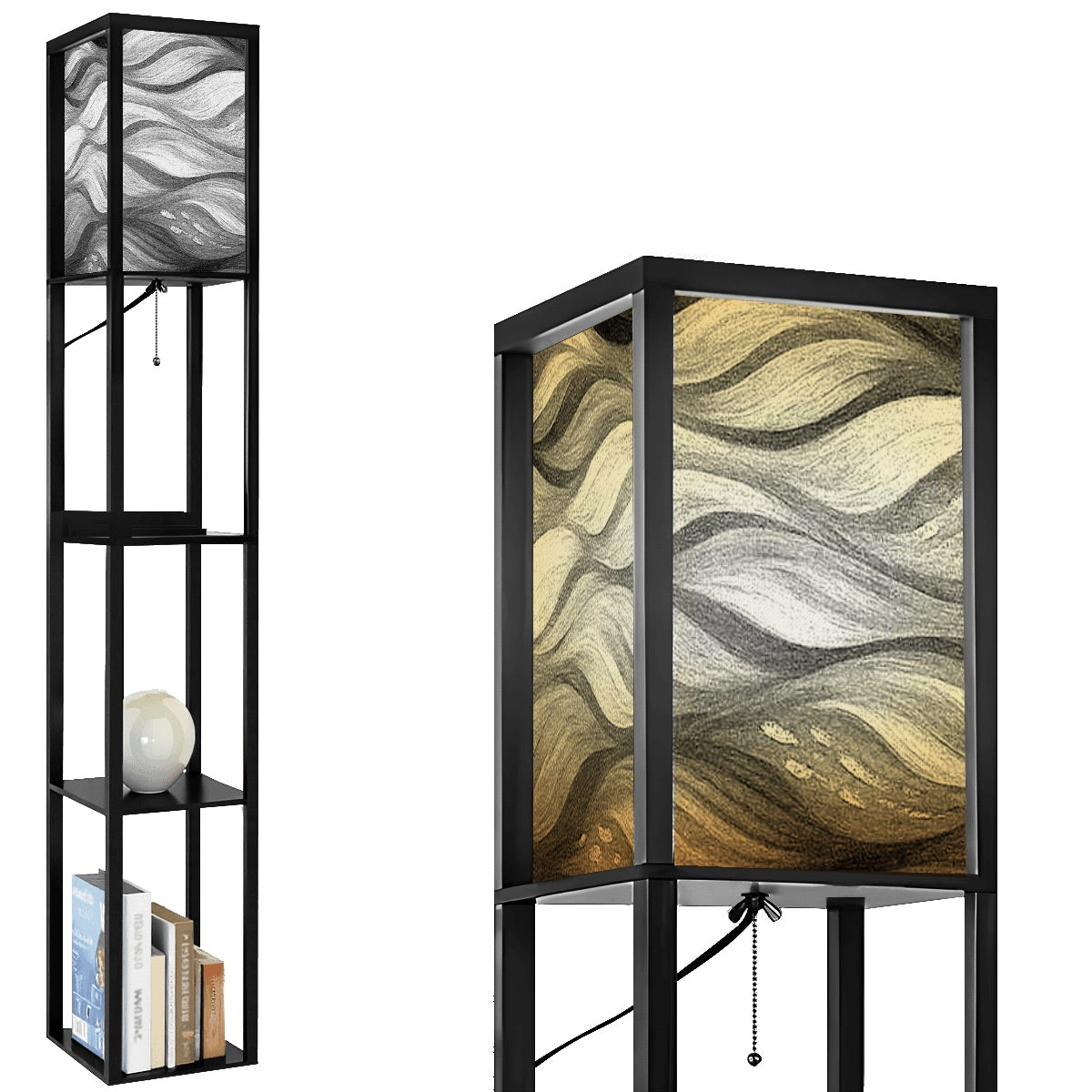 Black-and-White-finish wood floor lamp with three square shelves displaying a vase and books, topped by a linen cube shade in bold black-and-white wavy abstract design. A metal pull-chain switch and black power cord are visible beneath the shade.