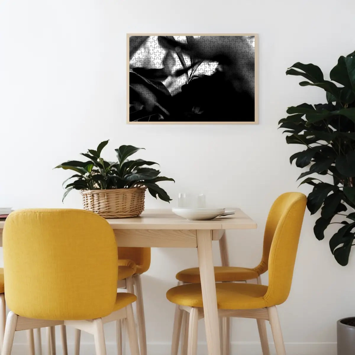 Wooden jigsaw puzzle of abstract foliage in black and white, high-contrast natural detail