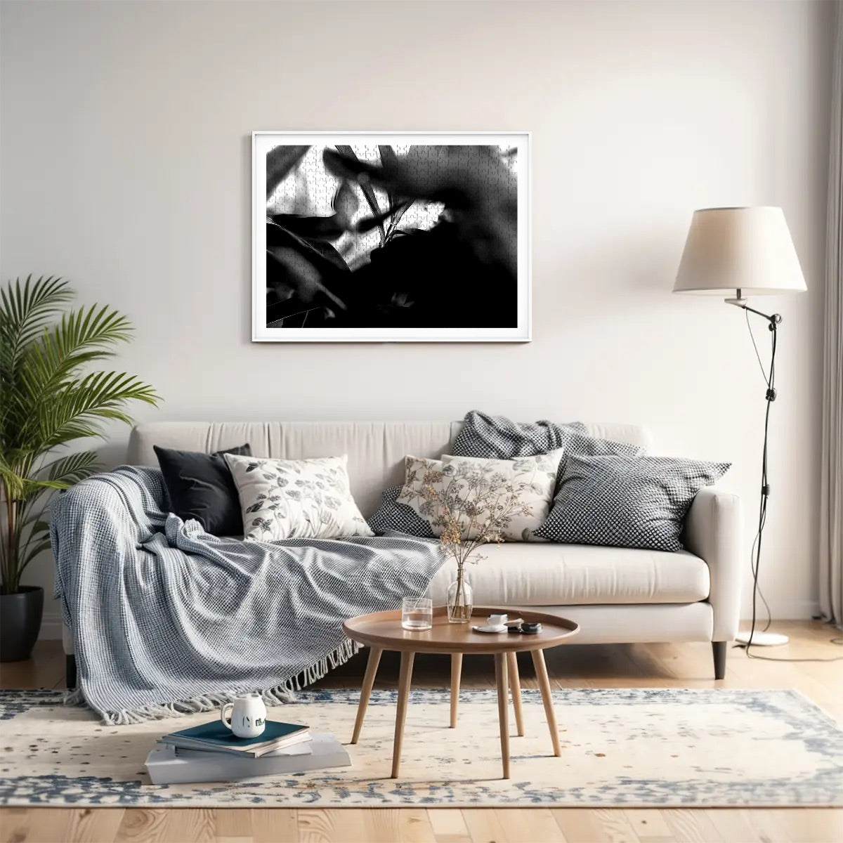 Wooden jigsaw puzzle of abstract foliage in black and white, high-contrast natural detail