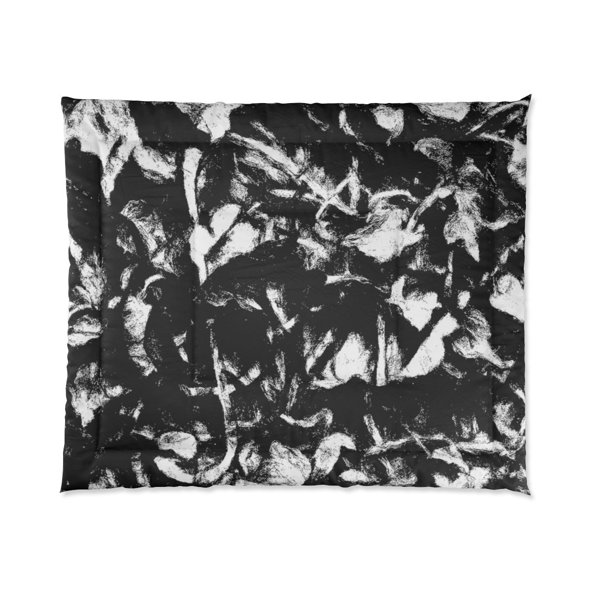 comforter with high-contrast abstract strokes in black and white. Displayed on white background. Size: 104'' x 88''