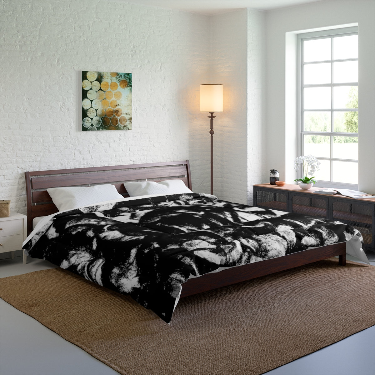Large bedroom mockup featuring the Black and White comforter on a king bed with dramatic visual texture. Size: 104'' x 88''