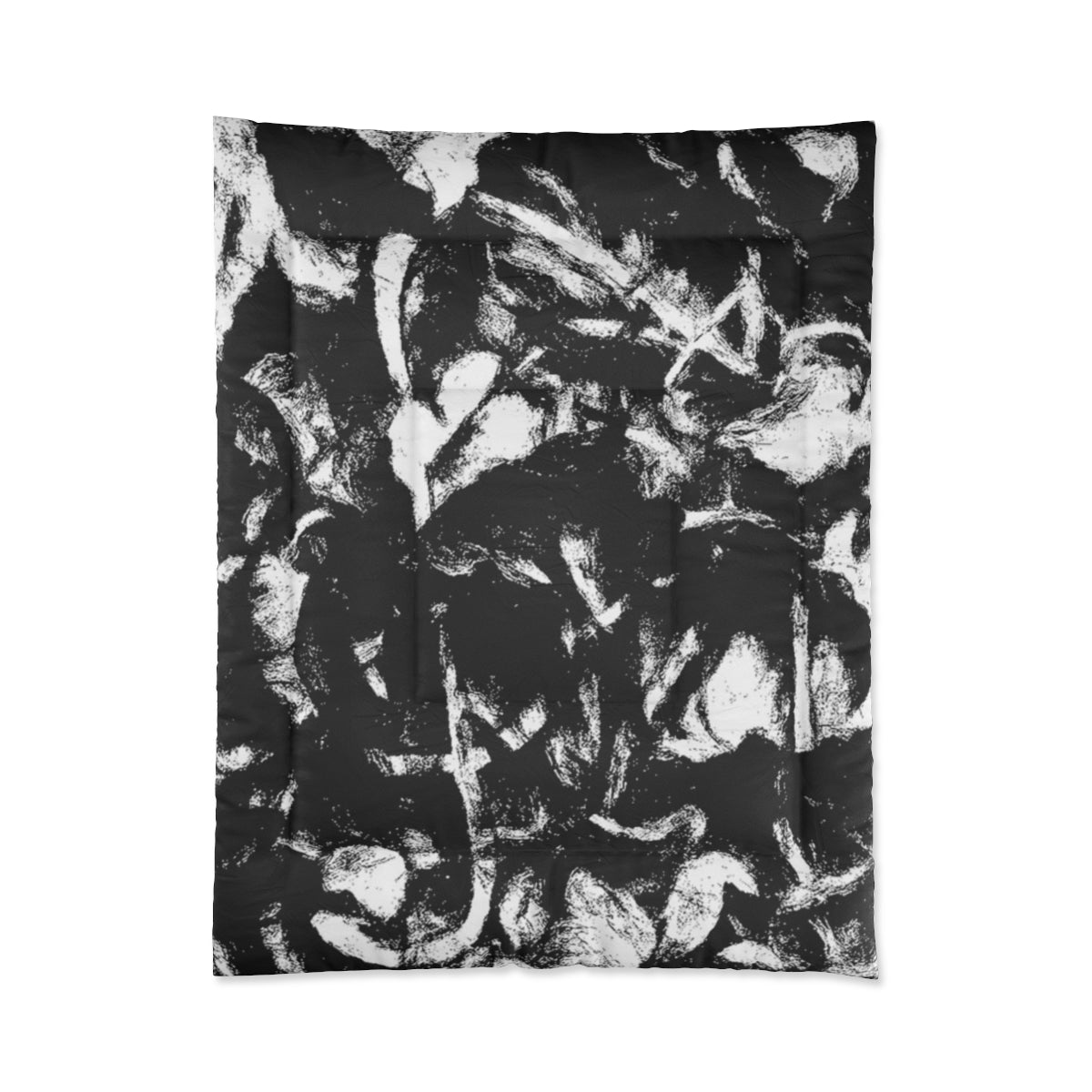 Comforter with abstract black brush lines and soft white space in bold contrast. Displayed on white background. Size: 68'' x 88''