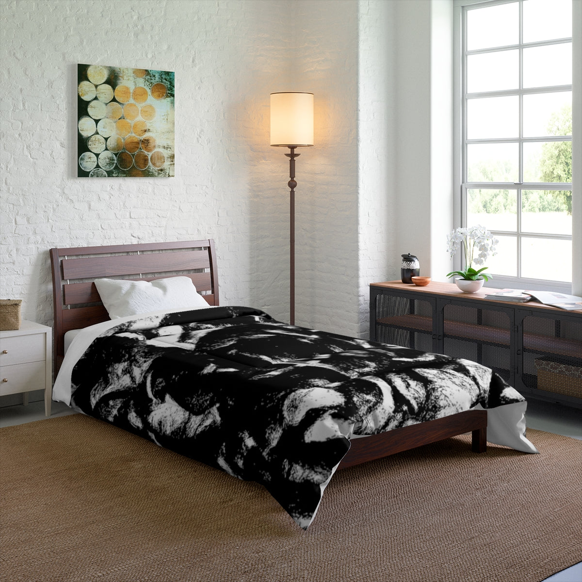 Bedroom with Black and White comforter on a bed, showing strong monochrome patterns. Size: 68'' x 88''