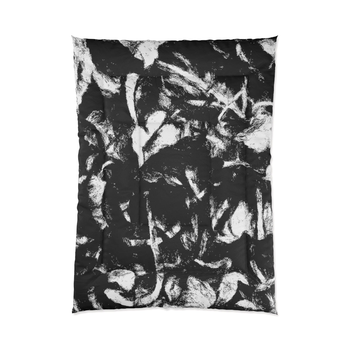 Elongated comforter featuring layered black and gray brush forms over bright white. Displayed on white background. Size: 68'' x 92''