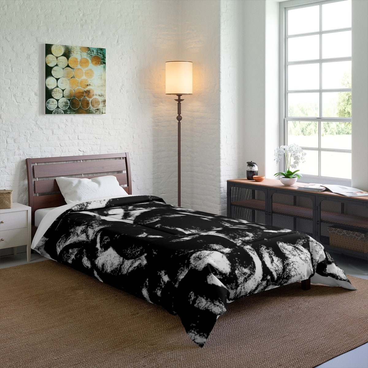 bedroom mockup with Black and White comforter arranged on a longer single bed. Size: 68'' x 92''