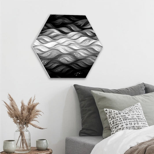 High-contrast black and white version of Gilded Amethyst Currents displayed on a wall above minimalist furnishings.