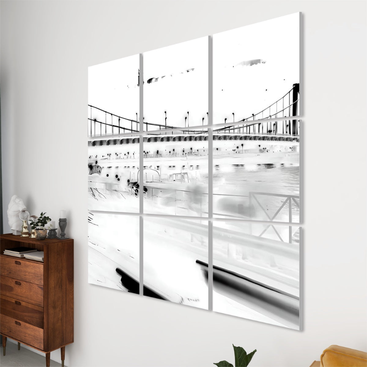Black and white photo of Elisabeth Bridge in Budapest captured at night with light trails and water reflections.