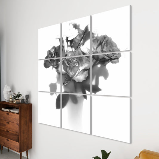 Minimalist floral acoustic panel set with rose bouquet and subtle vase shadow against a white background.
