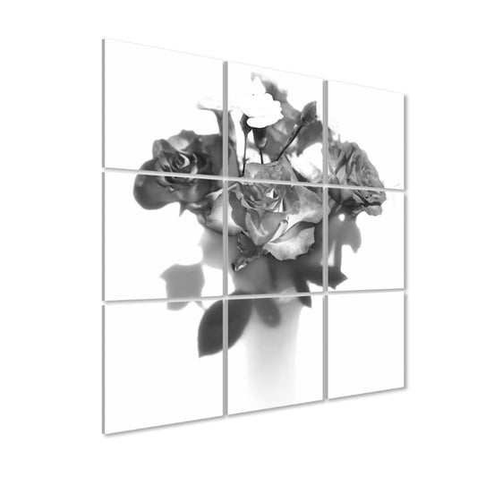 Minimalist floral acoustic panel set with rose bouquet and subtle vase shadow against a white background.