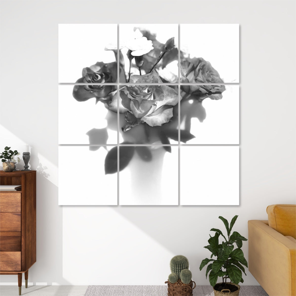 9-piece acoustic wall panel set featuring a greyscale photo of a rose bouquet in a vase, with soft background and tonal contrast.