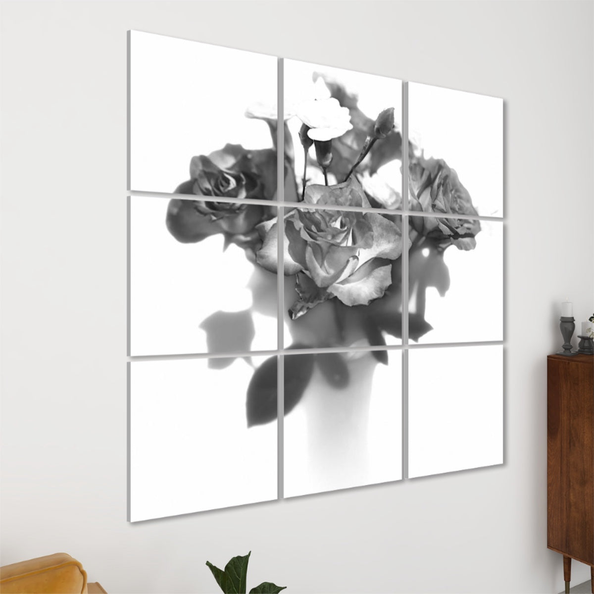 Decorative sound-absorbing wall art arranged in 3x3 grid, featuring greyscale rose bouquet photo on polyester panels.