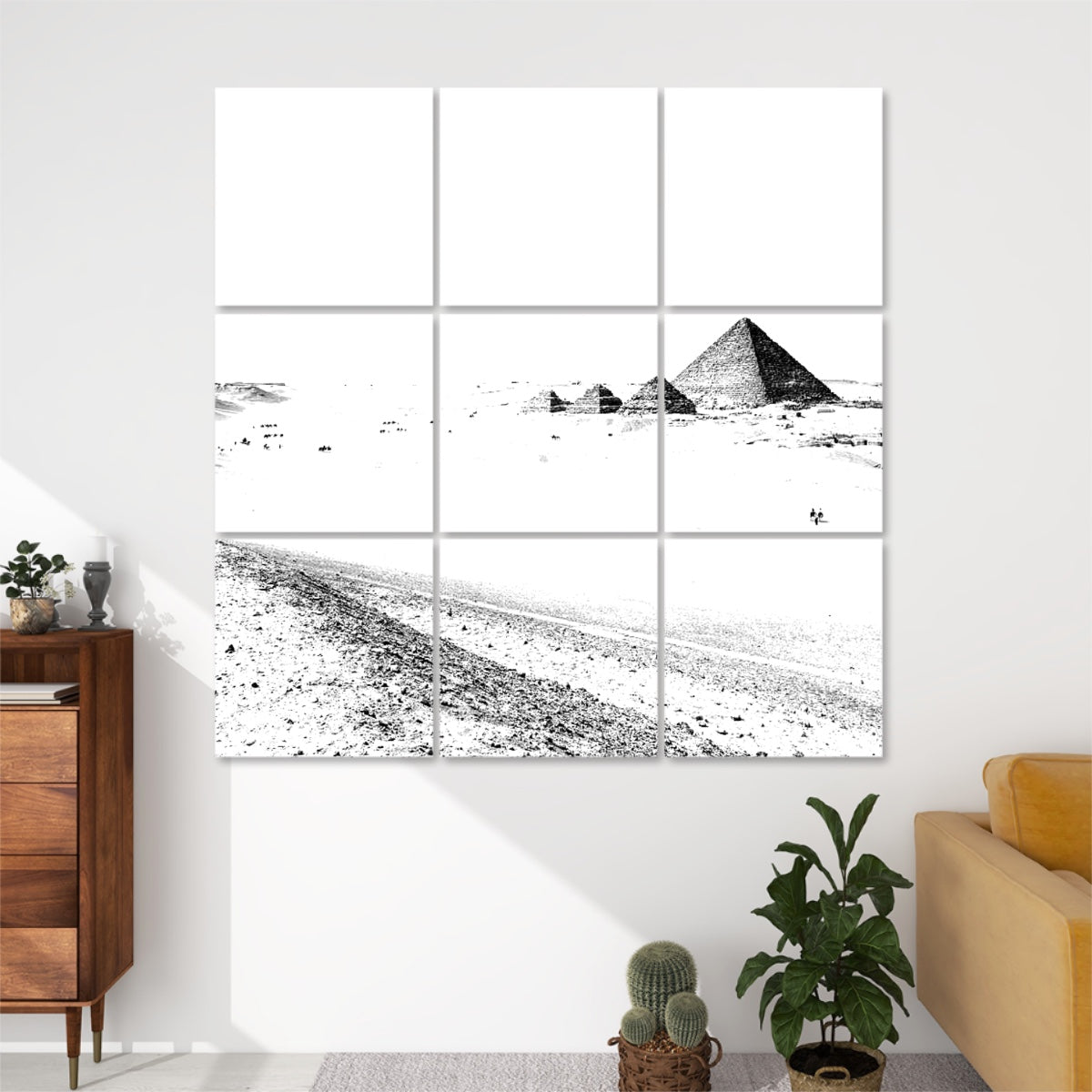 High-contrast black and white sound-absorbing panels of the Pyramid of Menkaure arranged in 9-panel display