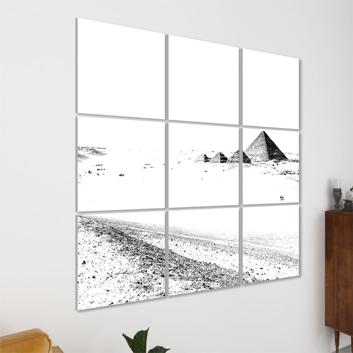 9 Decorative Sound Absorbing Wall Panel featuring Pyramid of Menkaure in Giza, size: 24''x24'', color: black and white