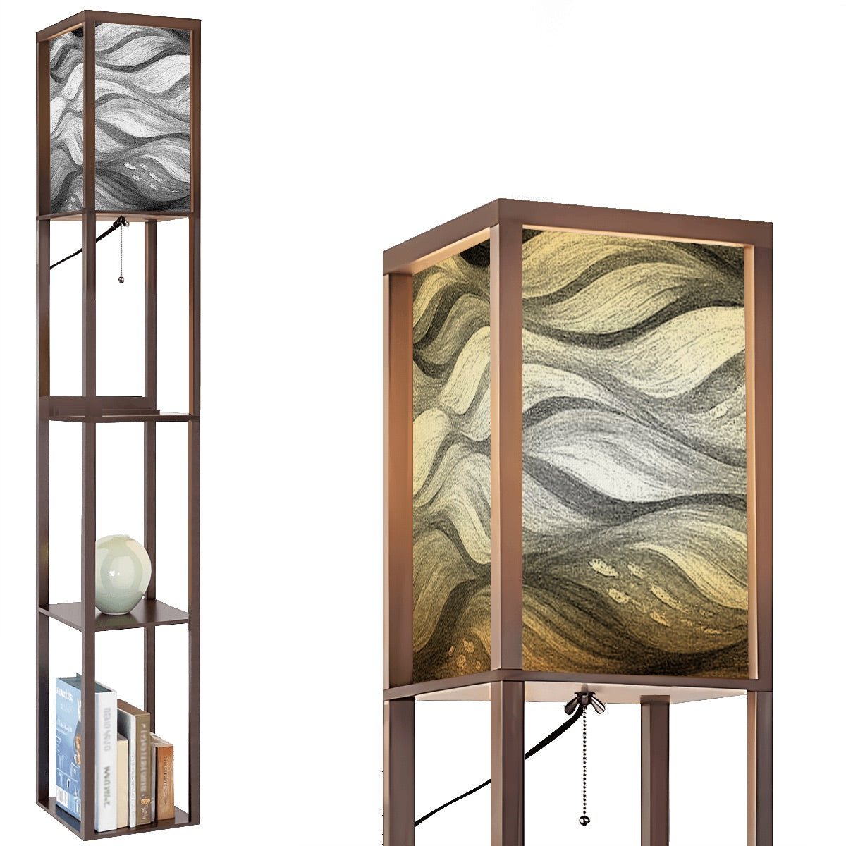 Walnut-finish wood floor lamp with three square shelves displaying a vase and books, topped by a linen cube shade in bold black-and-white wavy abstract design. A metal pull-chain switch and black power cord are visible beneath the shade.