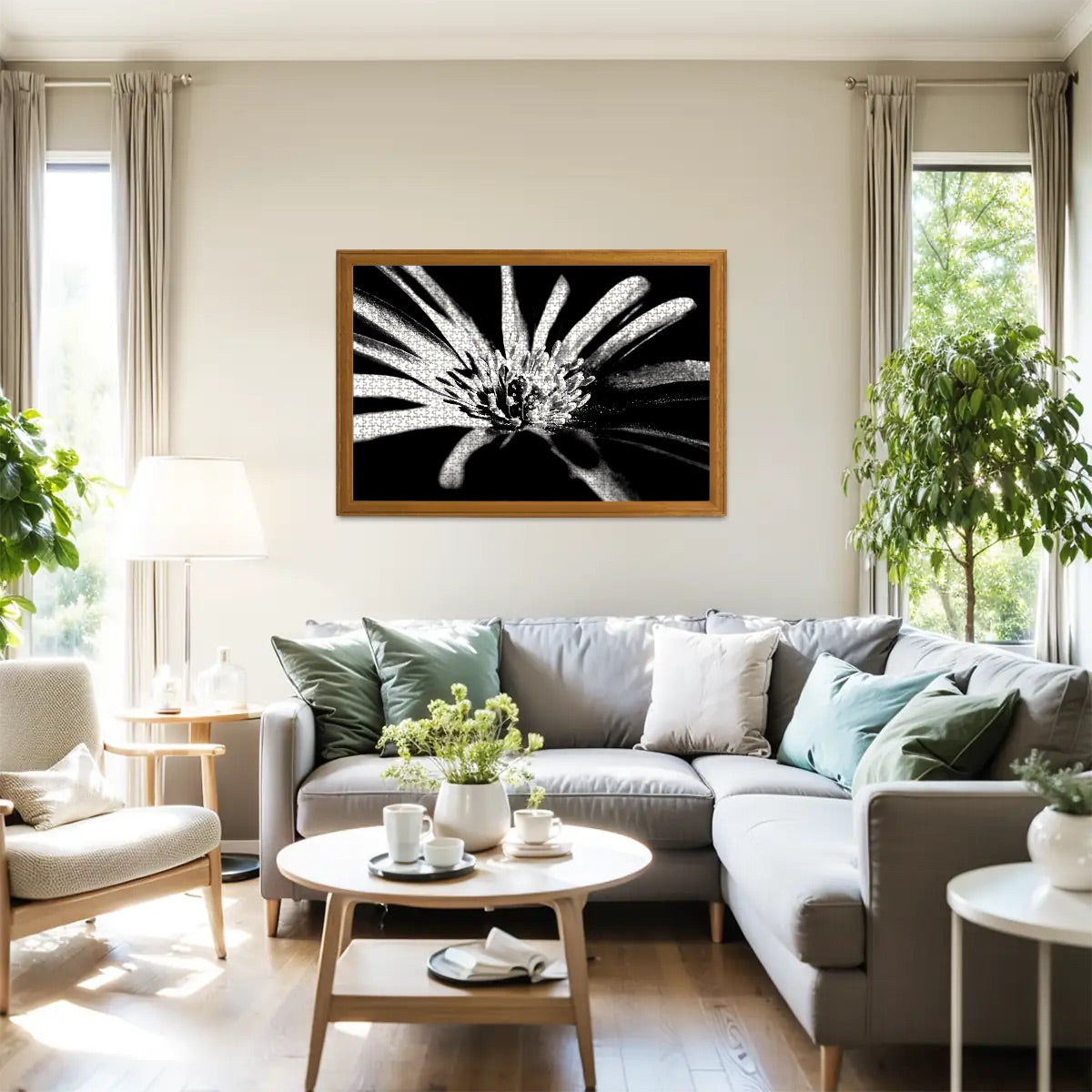 1000-piece wooden jigsaw puzzle with a black and white close-up of a purple anemone, size 29.5" x 19.7"