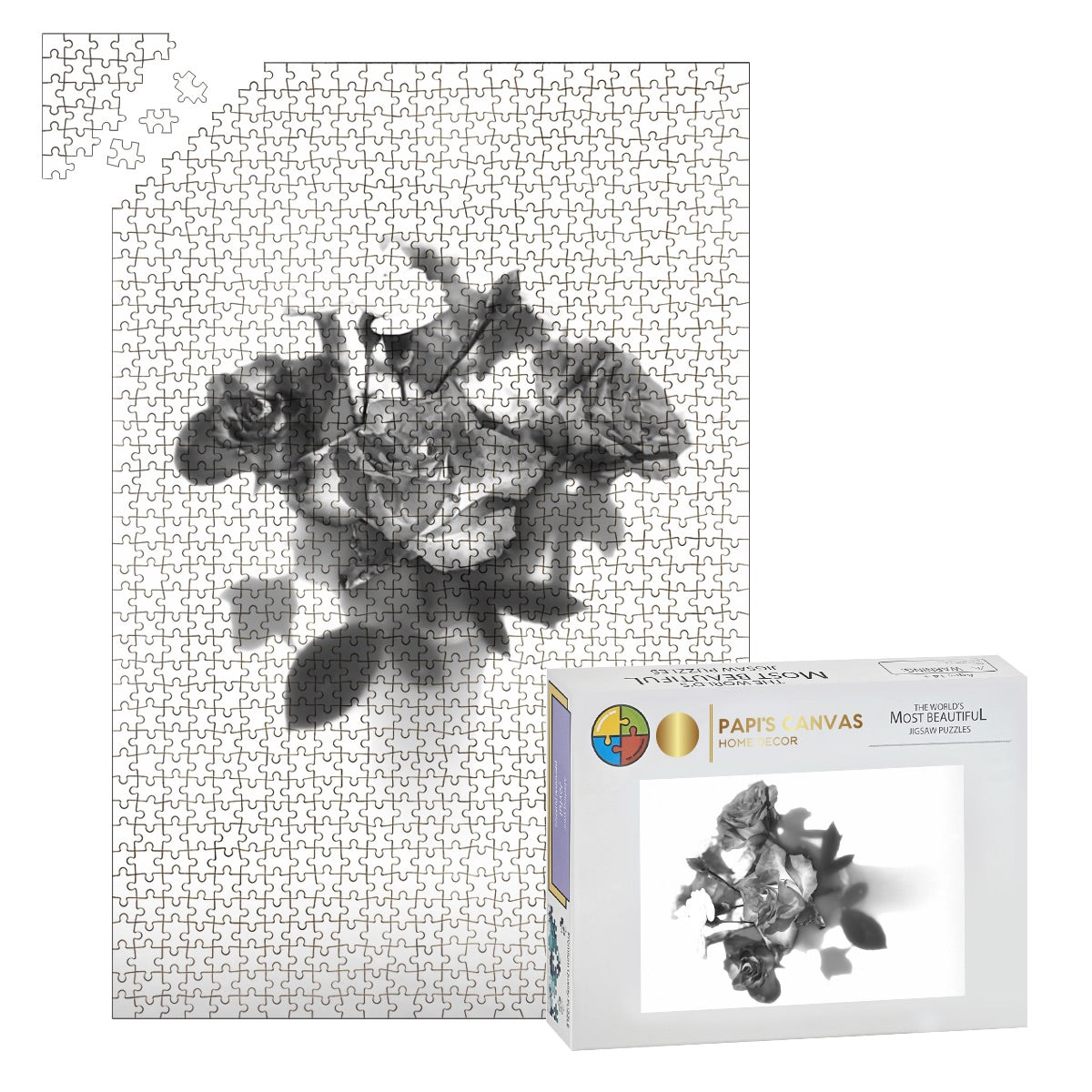 Front view of the 1000‑piece wooden jigsaw puzzle box showing a greyscale rose bouquet image, labelled 29.5 × 19.7 inches, oak‑wood pieces.
