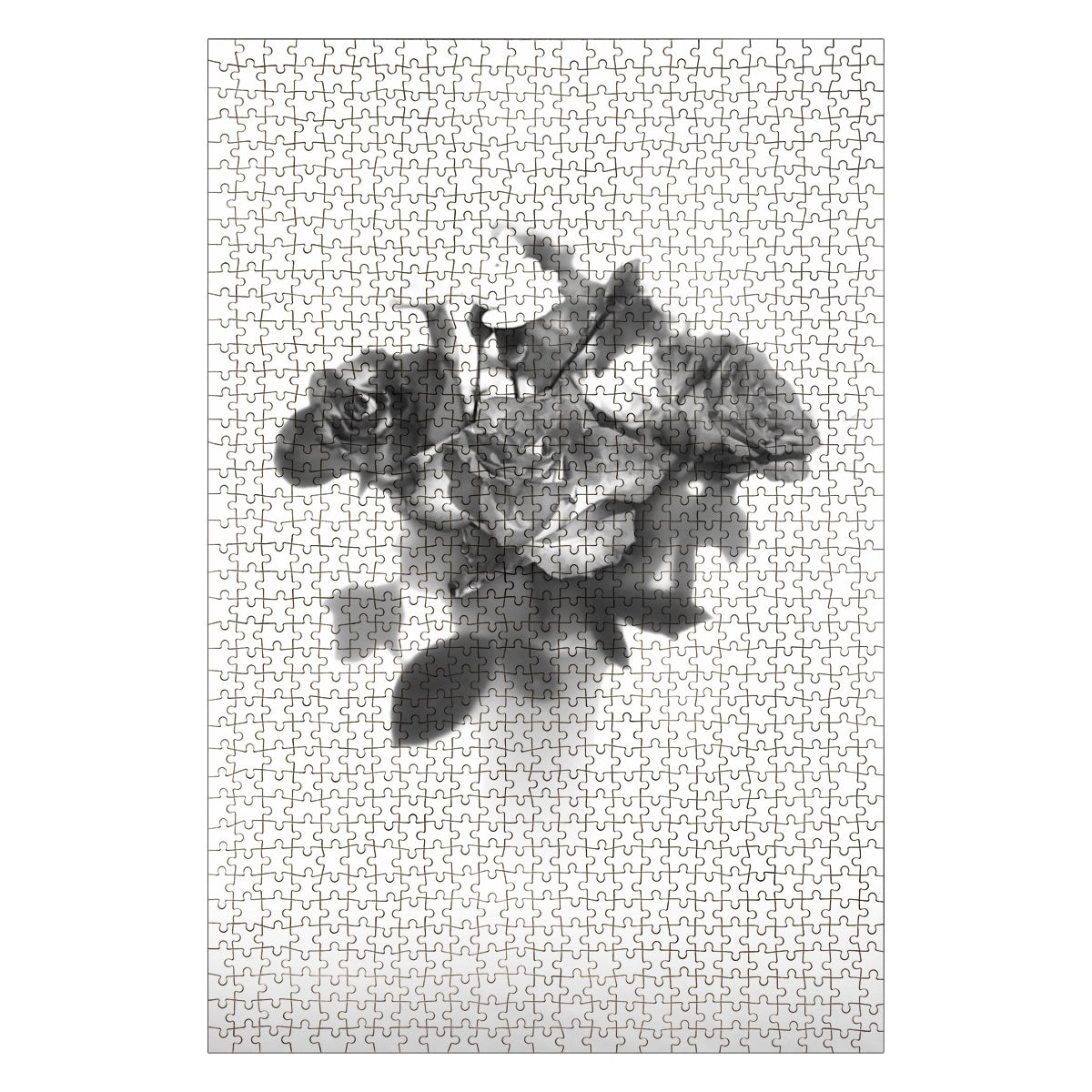 Front view of the 1000‑piece wooden jigsaw puzzle box showing a greyscale rose bouquet image, labelled 29.5 × 19.7 inches, oak‑wood pieces.