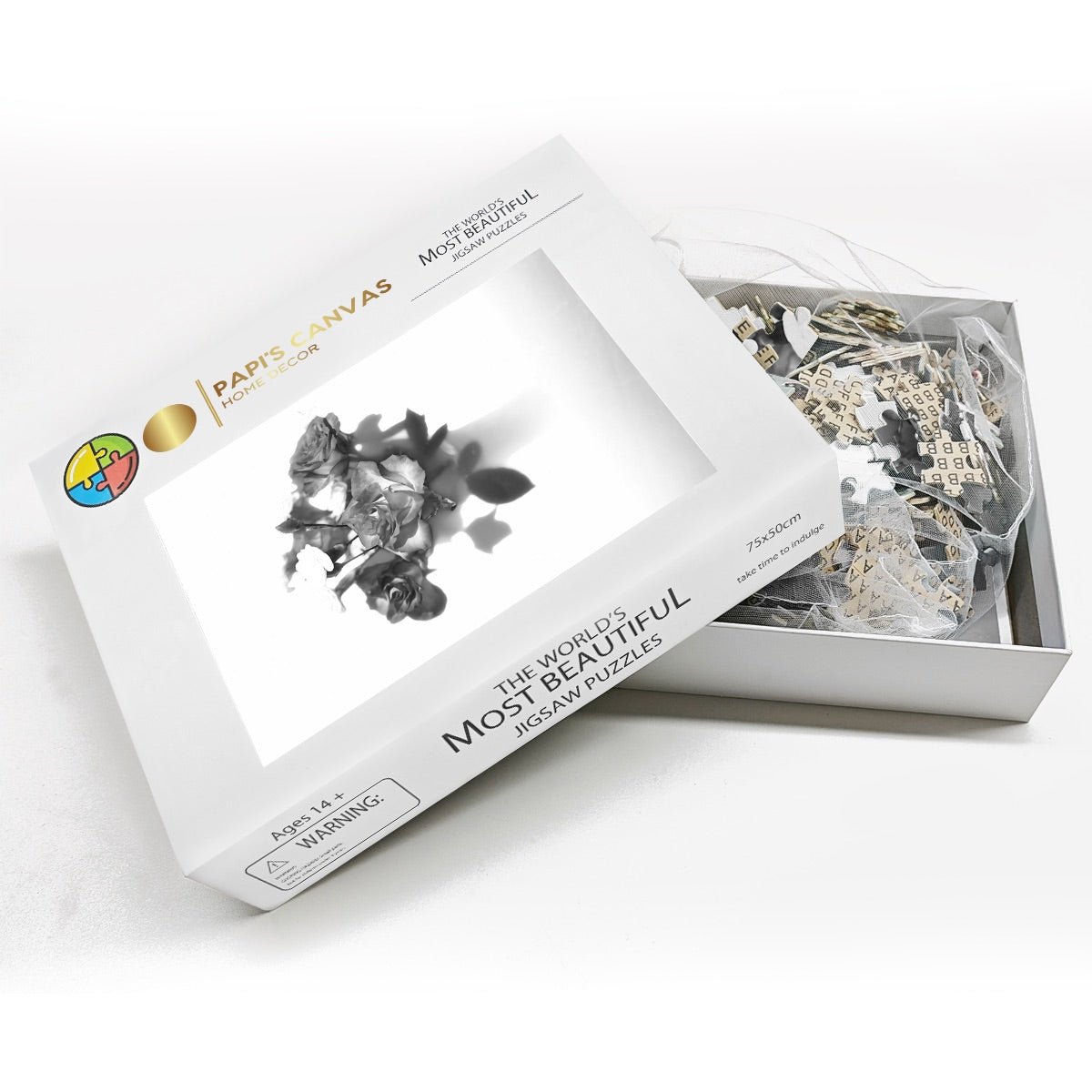 Front view of the 1000‑piece wooden jigsaw puzzle box showing a greyscale rose bouquet image, labelled 29.5 × 19.7 inches, oak‑wood pieces.