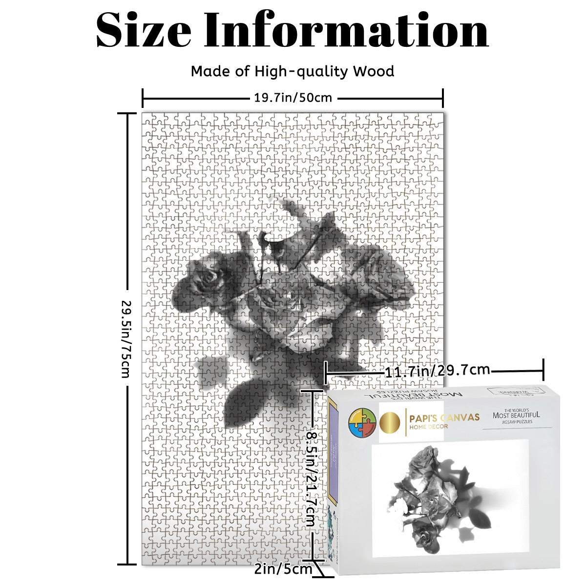 Size Information off the 1000‑piece wooden jigsaw puzzle box showing a greyscale rose bouquet image, labelled 29.5 × 19.7 inches, oak‑wood pieces.