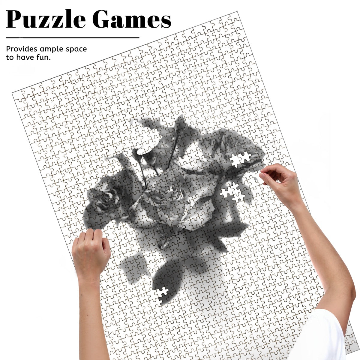 Front view of the 1000‑piece wooden jigsaw puzzle box showing a greyscale rose bouquet image, labelled 29.5 × 19.7 inches, oak‑wood pieces.