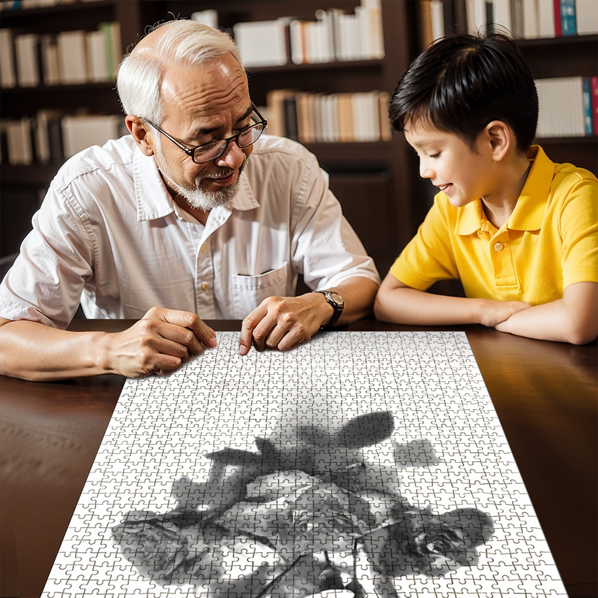 Living‑room mock‑up displaying the completed greyscale rose bouquet jigsaw puzzle framed above a sofa, illustrating finished size and monochrome elegance.