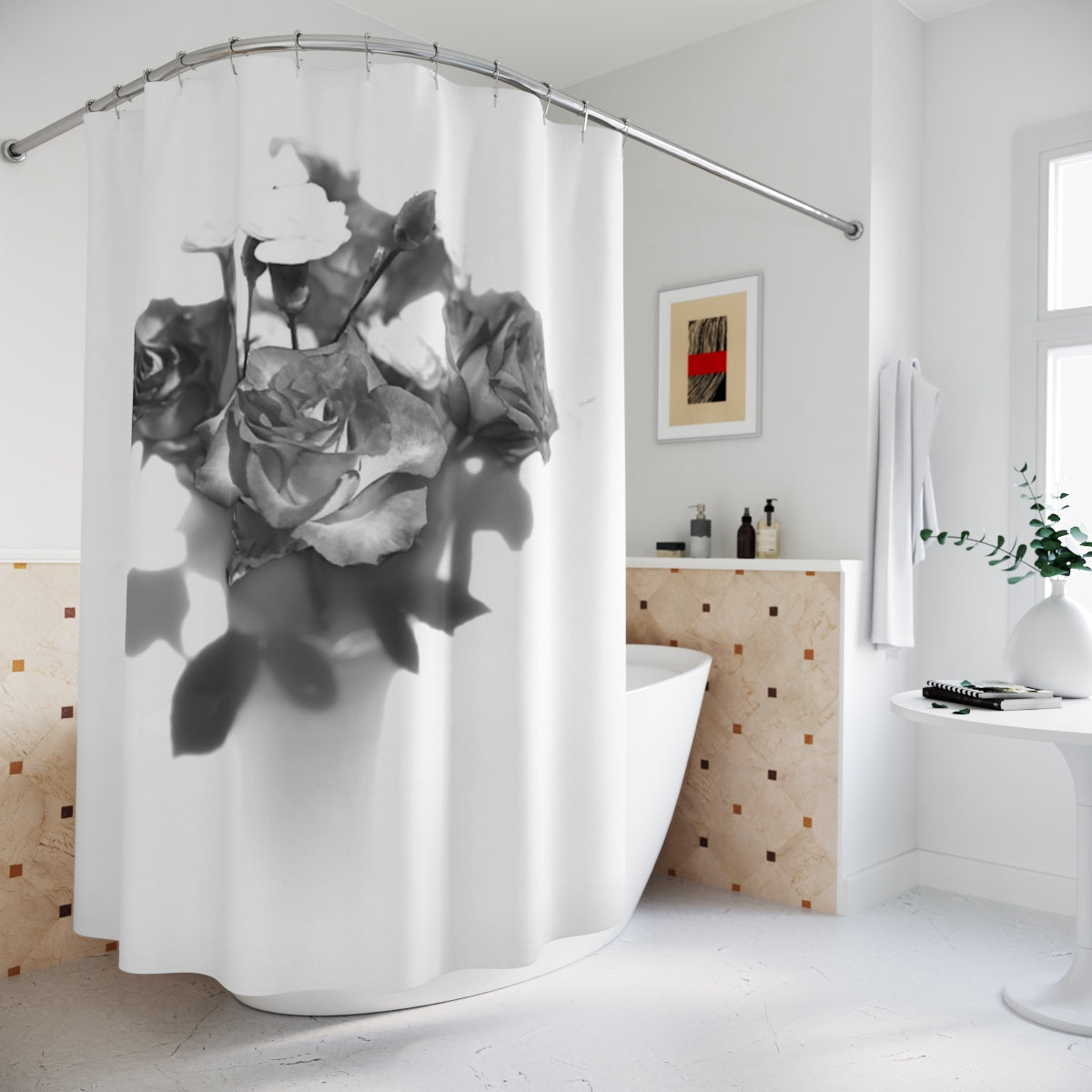 black and white designer floral shower curtain featuring close up of roses in white background size: 71''x74''