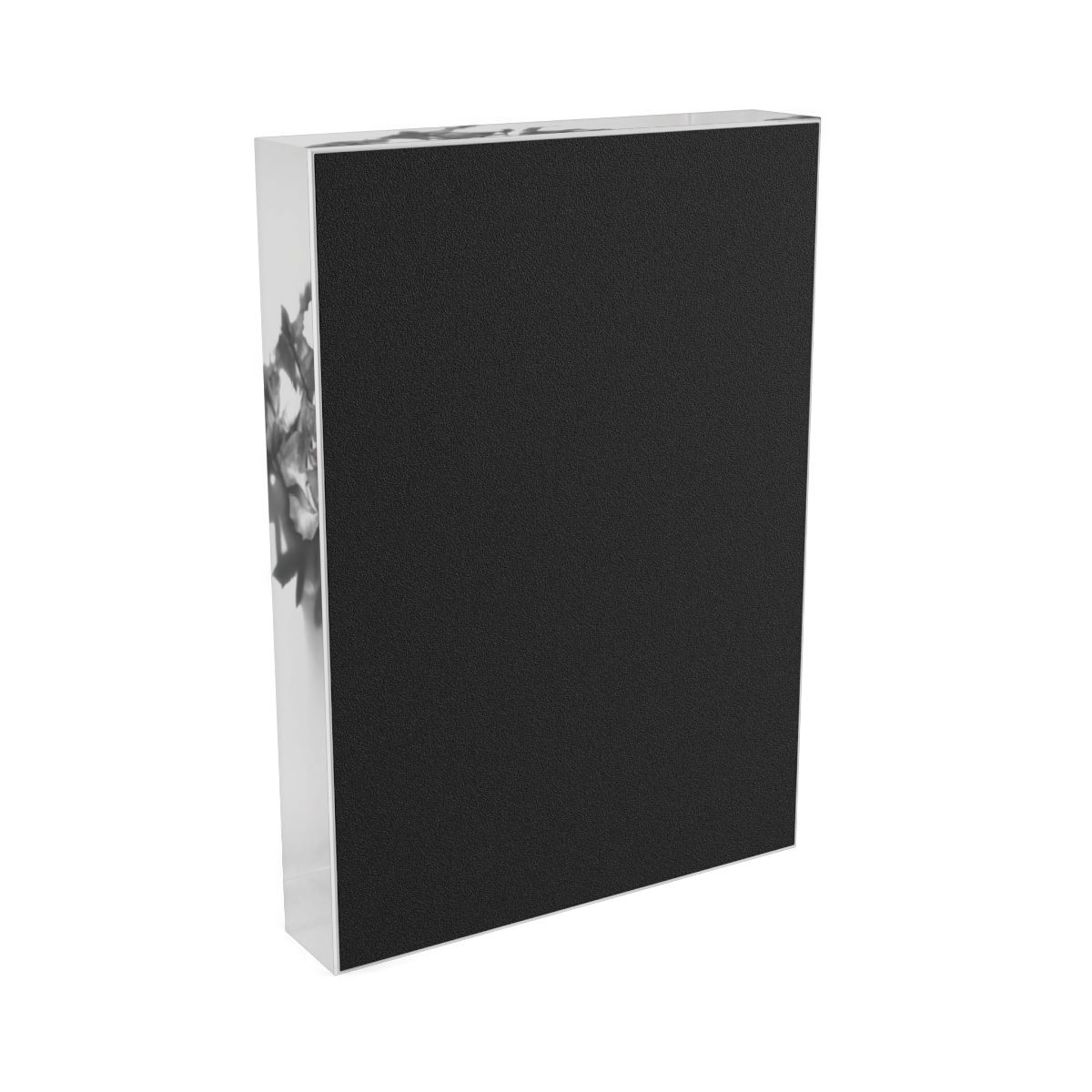 view of back of acrylic photo block featuring black and white photograph of rose on white background