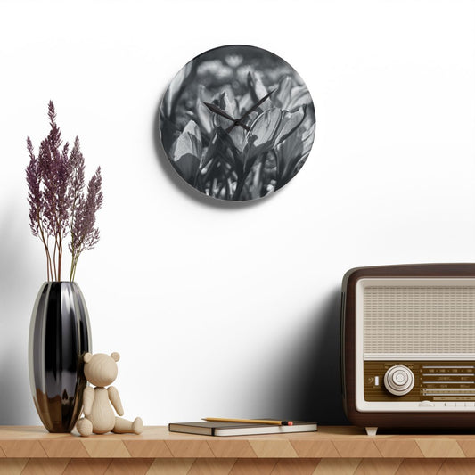 black and white acrylic wall clock featuring crocus