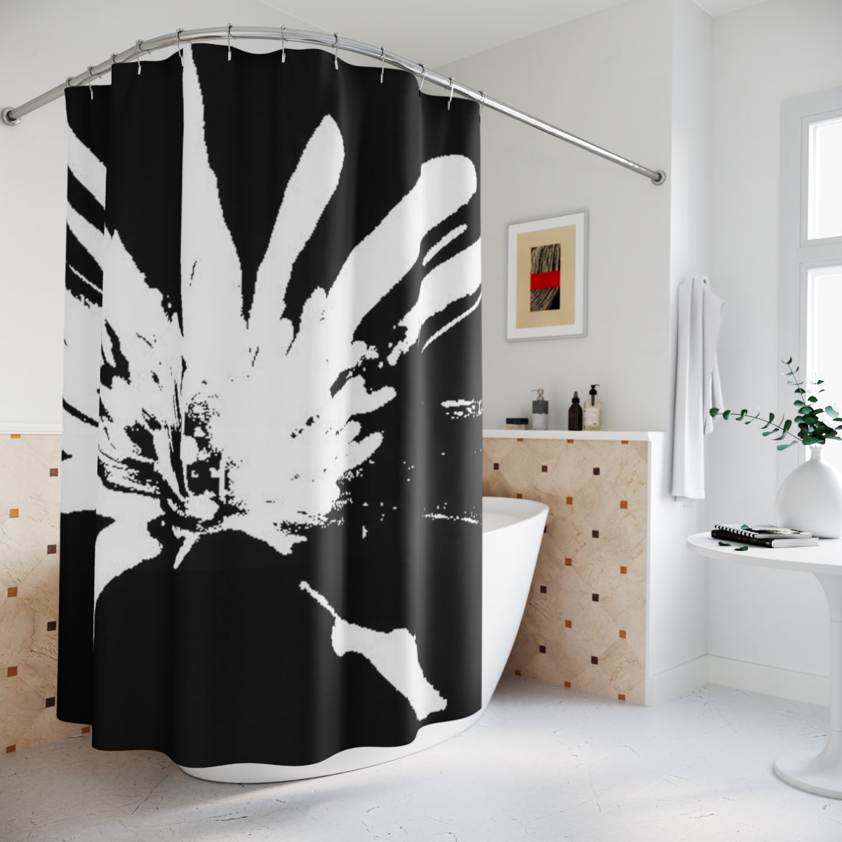 Black and white floral shower curtain with a high-contrast close-up of a purple anemone flower, 72x72 inches.