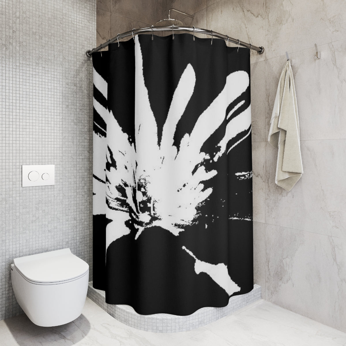 Black and white floral shower curtain with a high-contrast close-up of a purple anemone flower, 72x72 inches.
