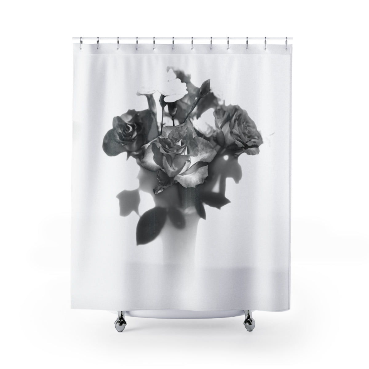 black and white designer floral shower curtain featuring close up of roses in white background size: 71''x74''