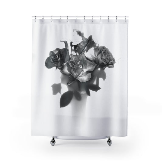 black and white designer floral shower curtain featuring close up of roses in white background size: 71''x74''