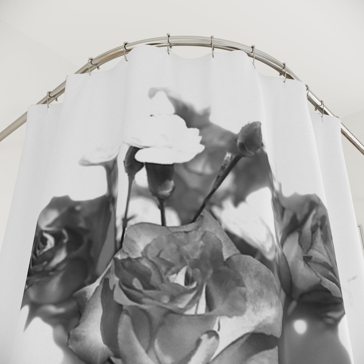 black and white designer floral shower curtain featuring close up of roses in white background size: 71''x74''