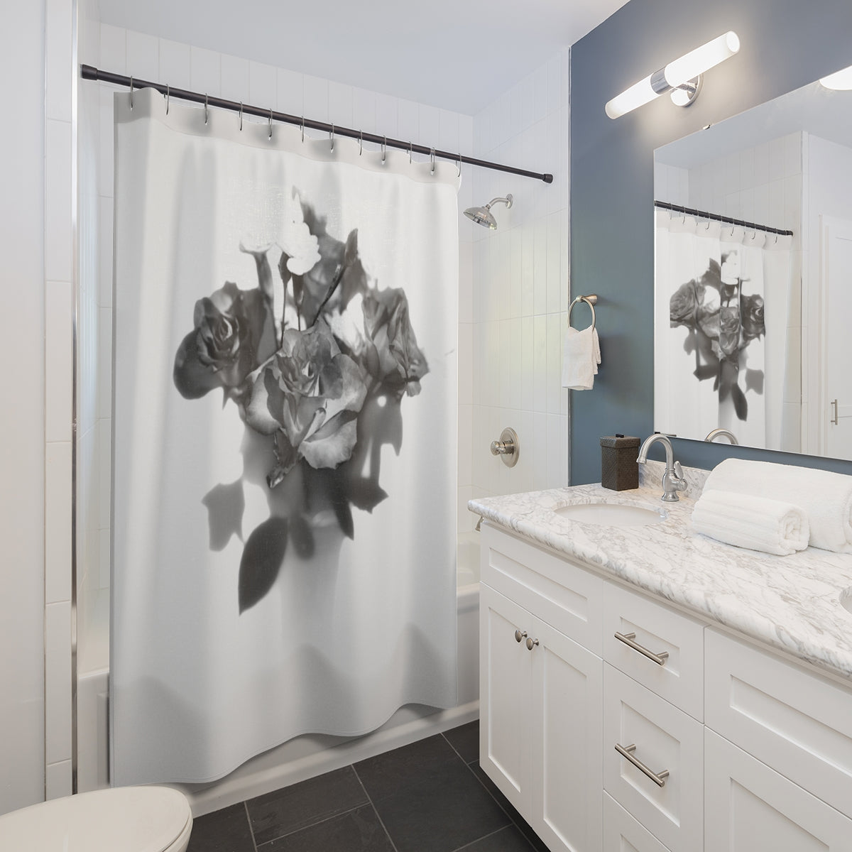 black and white designer floral shower curtain featuring close up of roses in white background size: 71''x74''