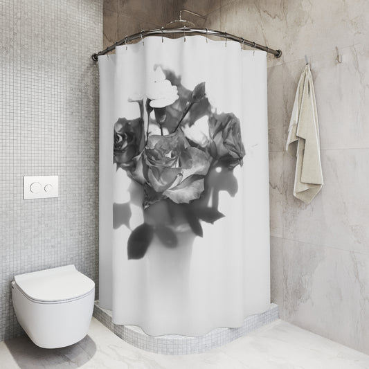 black and white designer floral shower curtain featuring close up of roses in white background size: 71''x74''