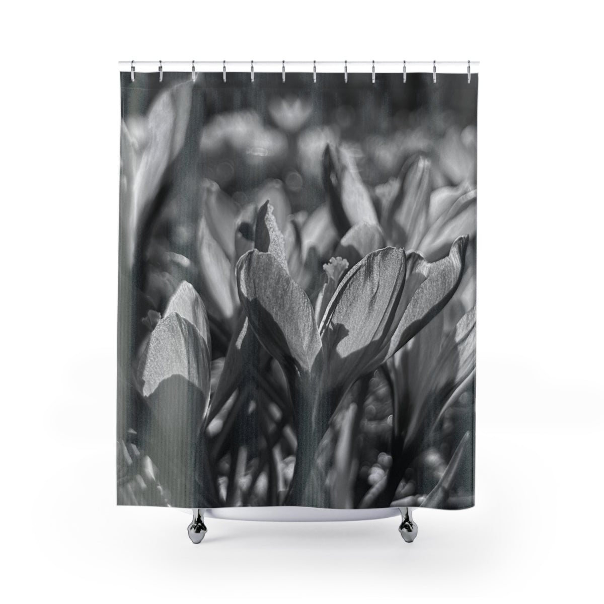 black and white floral shower curtain featuring crocus, size: 71’’x74’’