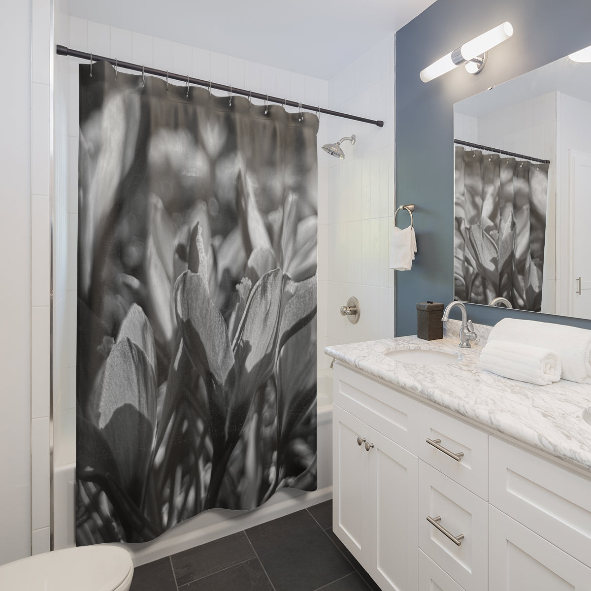 black and white floral shower curtain featuring crocus, size: 71’’x74’’