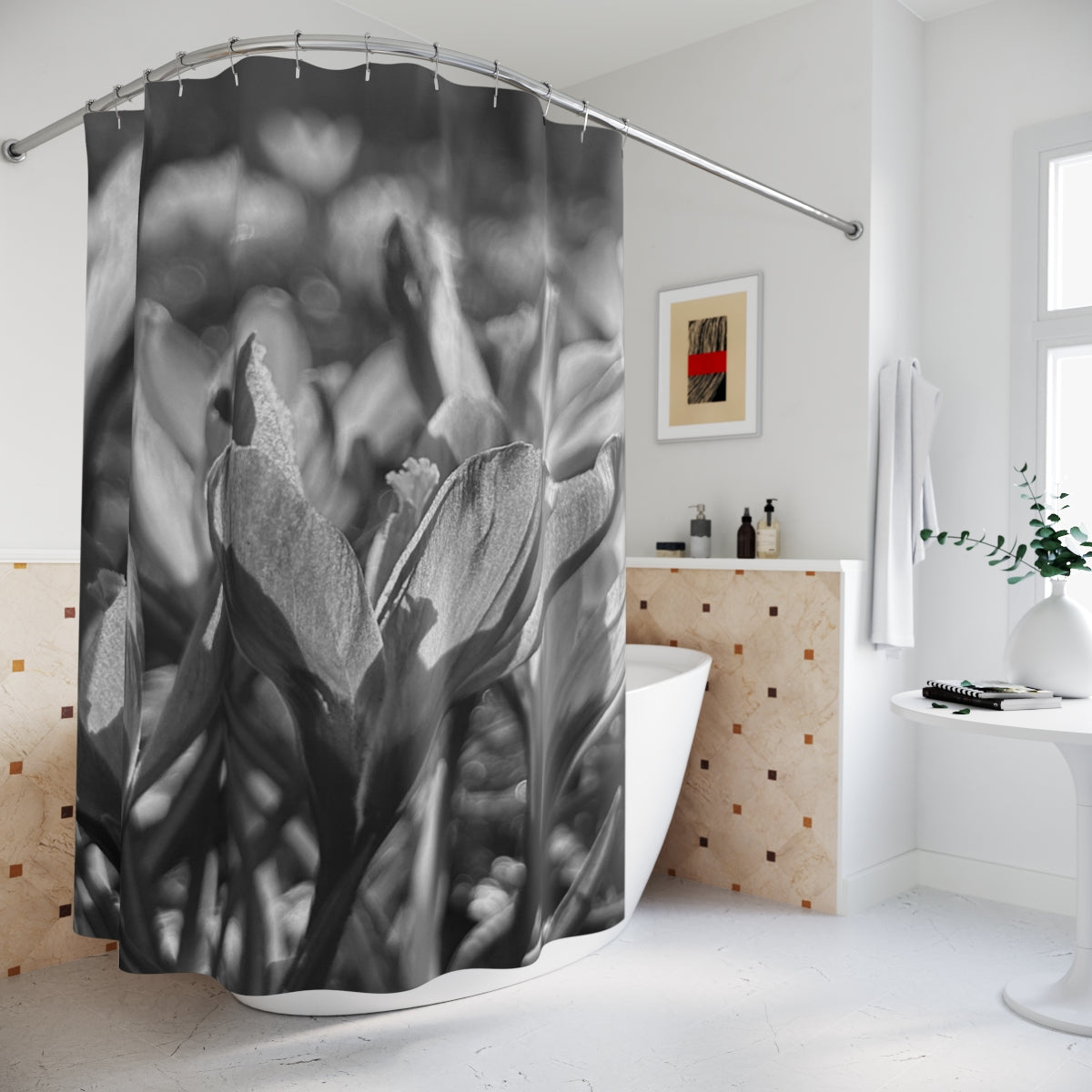 black and white floral shower curtain featuring crocus, size: 71’’x74’’