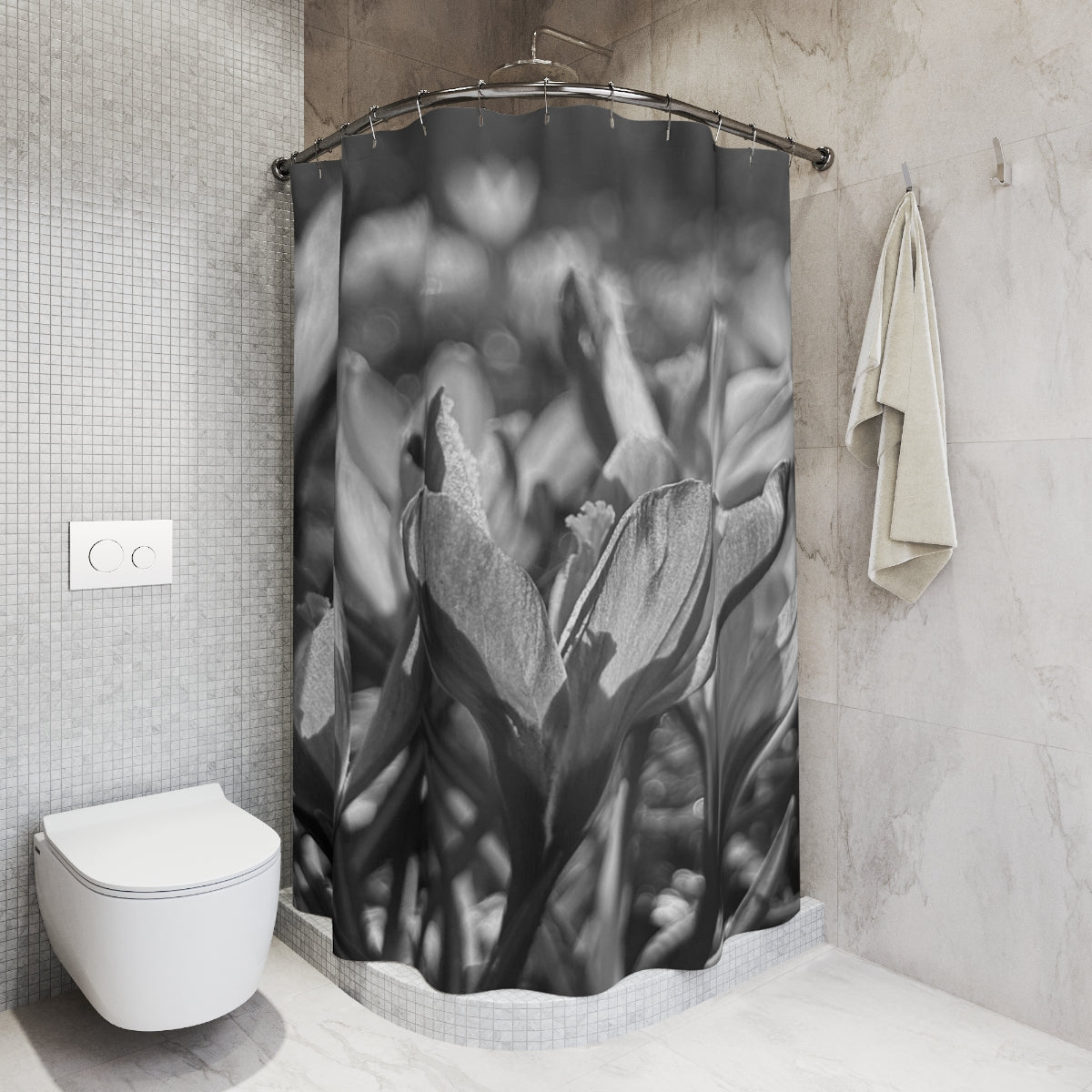 black and white floral shower curtain featuring crocus, size: 71’’x74’’