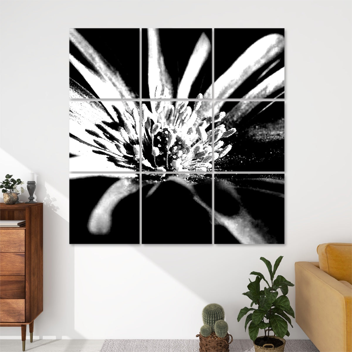 High‑contrast black and white 3 × 3 panel set featuring a close‑up purple anemone, printed on sound‑absorbing polyester.